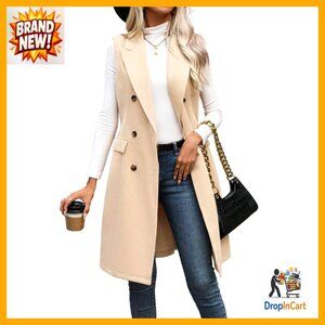 Long Wool Vest Sleeveless Blazer Trench Coat Classic Elegant Outerwear Tops